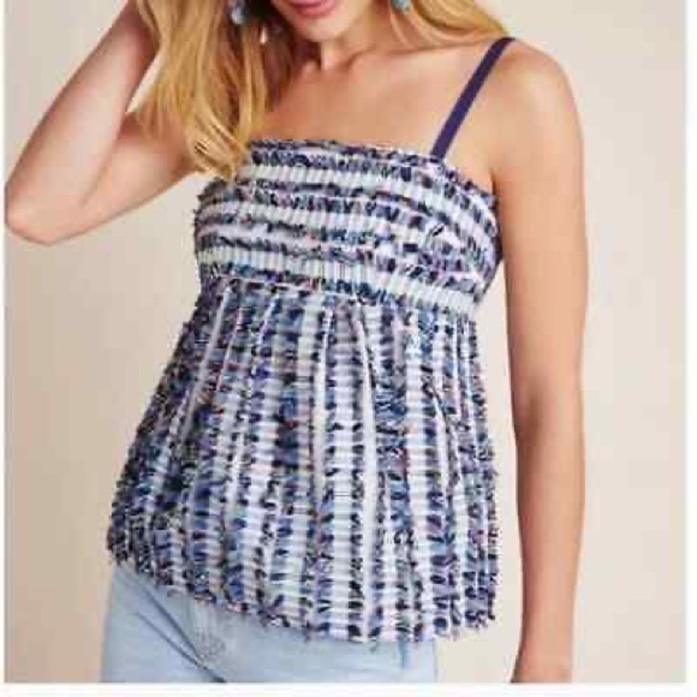 Anthropologie Maeve Blue and White Multicolor Fringe Babydoll Tank Camisole